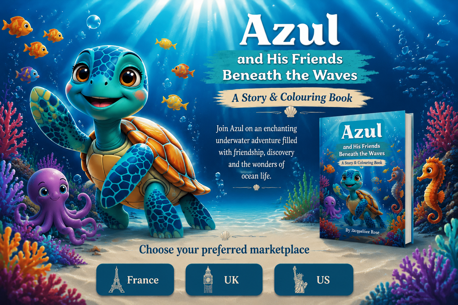 Azul and His Friends Beneath the Waves story and colouring book with underwater characters and marketplace choices