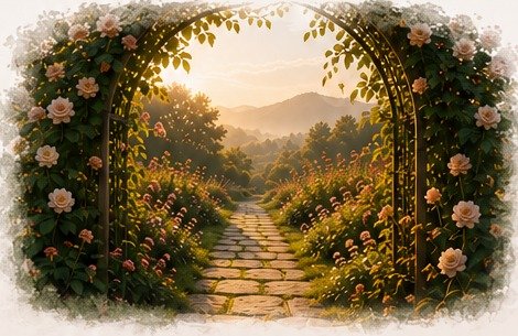 Garden path through a rose arch