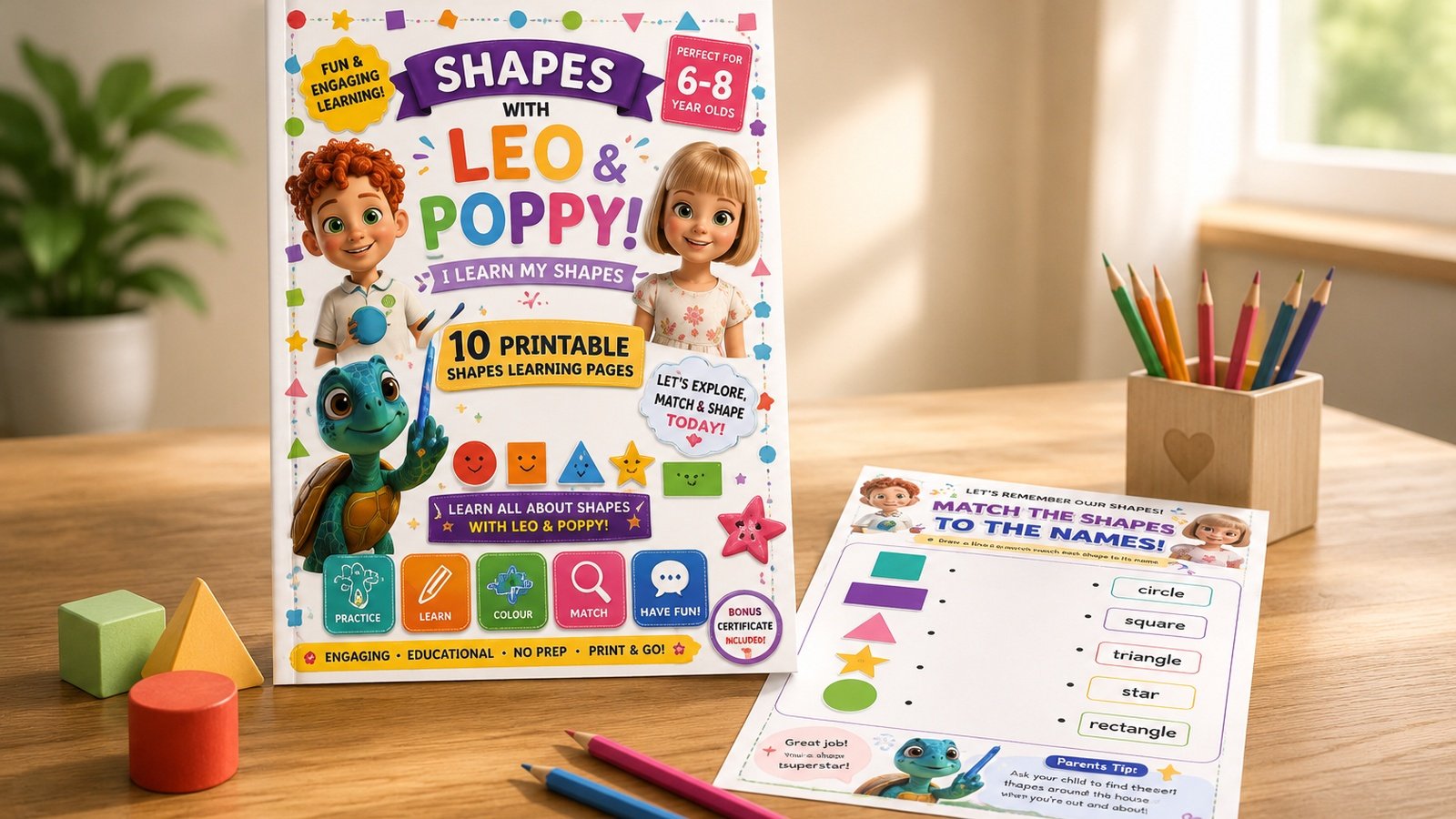 Shapes with Leo and Poppy printable learning pack and worksheets