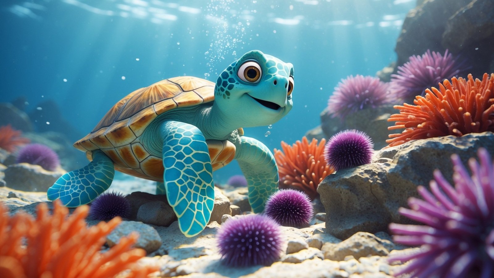 Azul exploring sea urchins in an educational underwater video