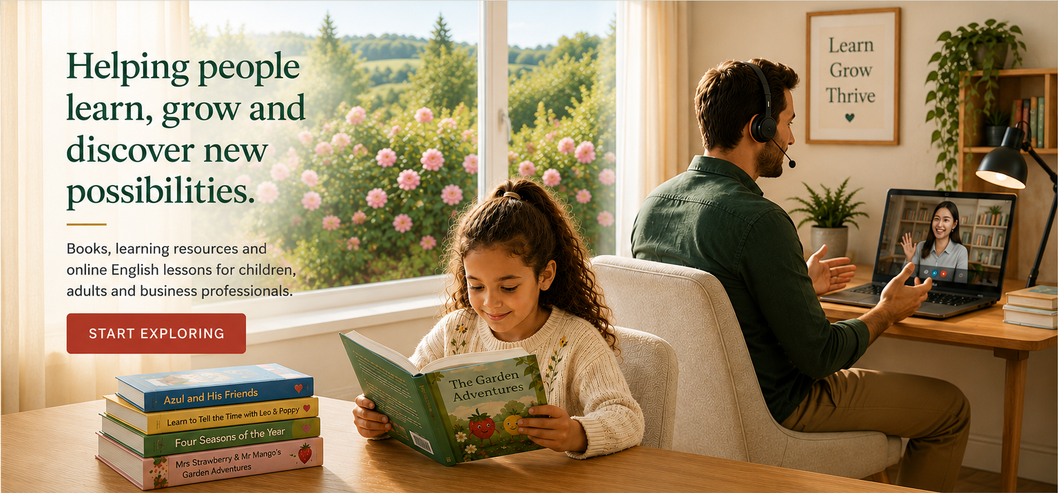 A child reading while an adult takes an online English lesson, with a rose garden outside