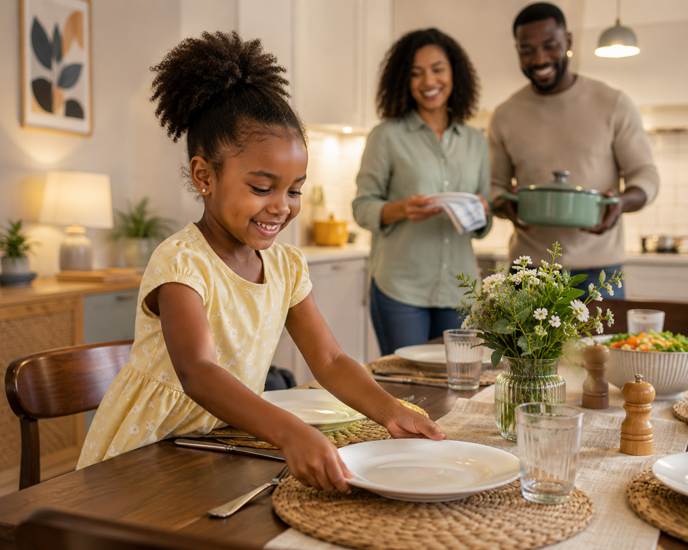 A girl helping her parents by setting the table