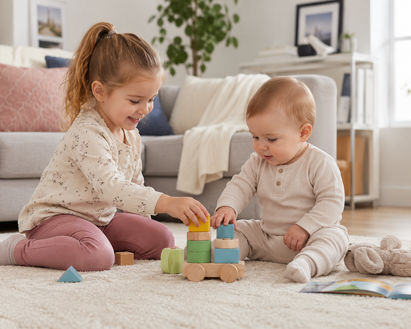 An older child playing gently with a younger sibling