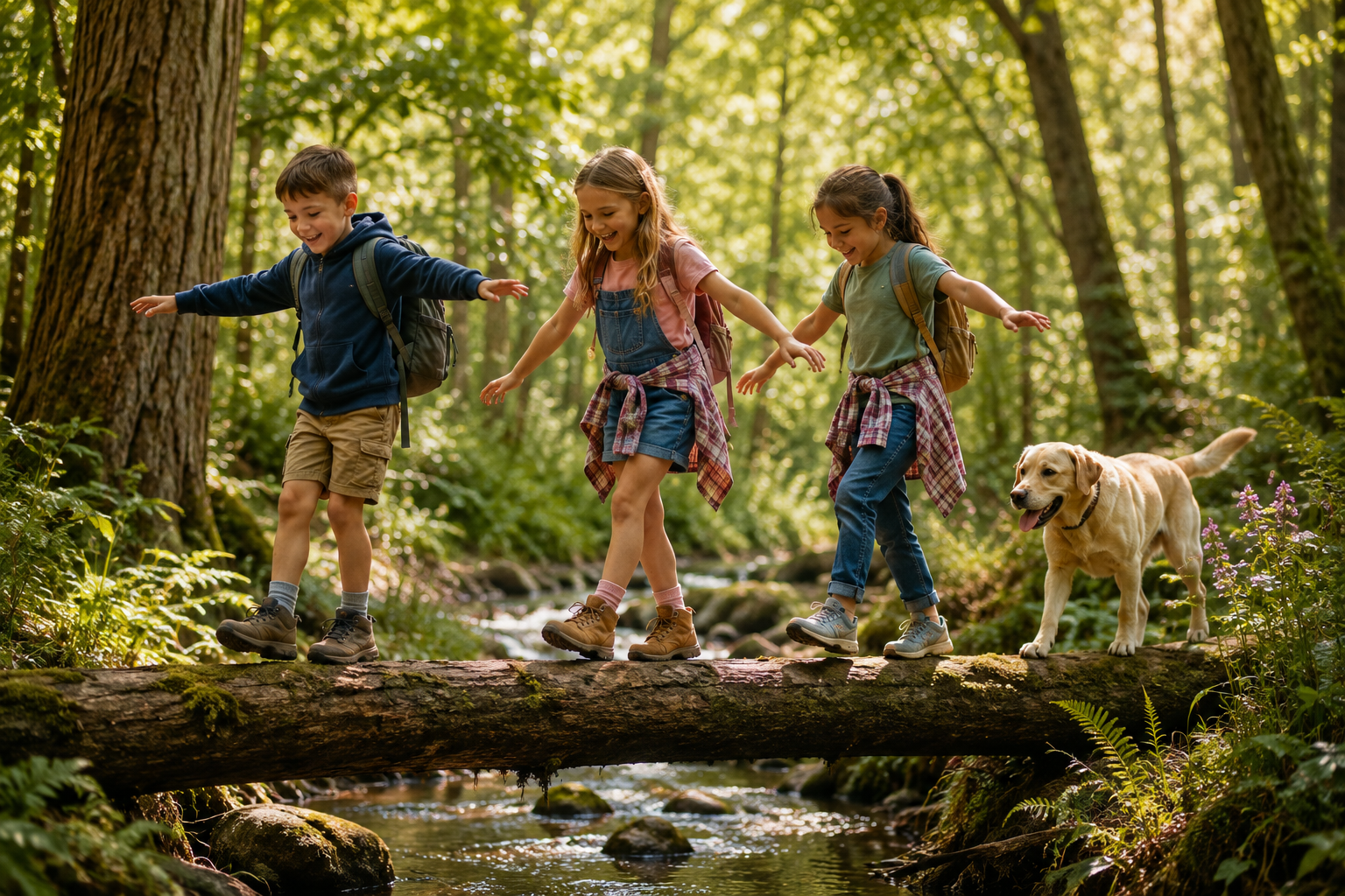 Three children balancing on a woodland log with a Labrador beside them