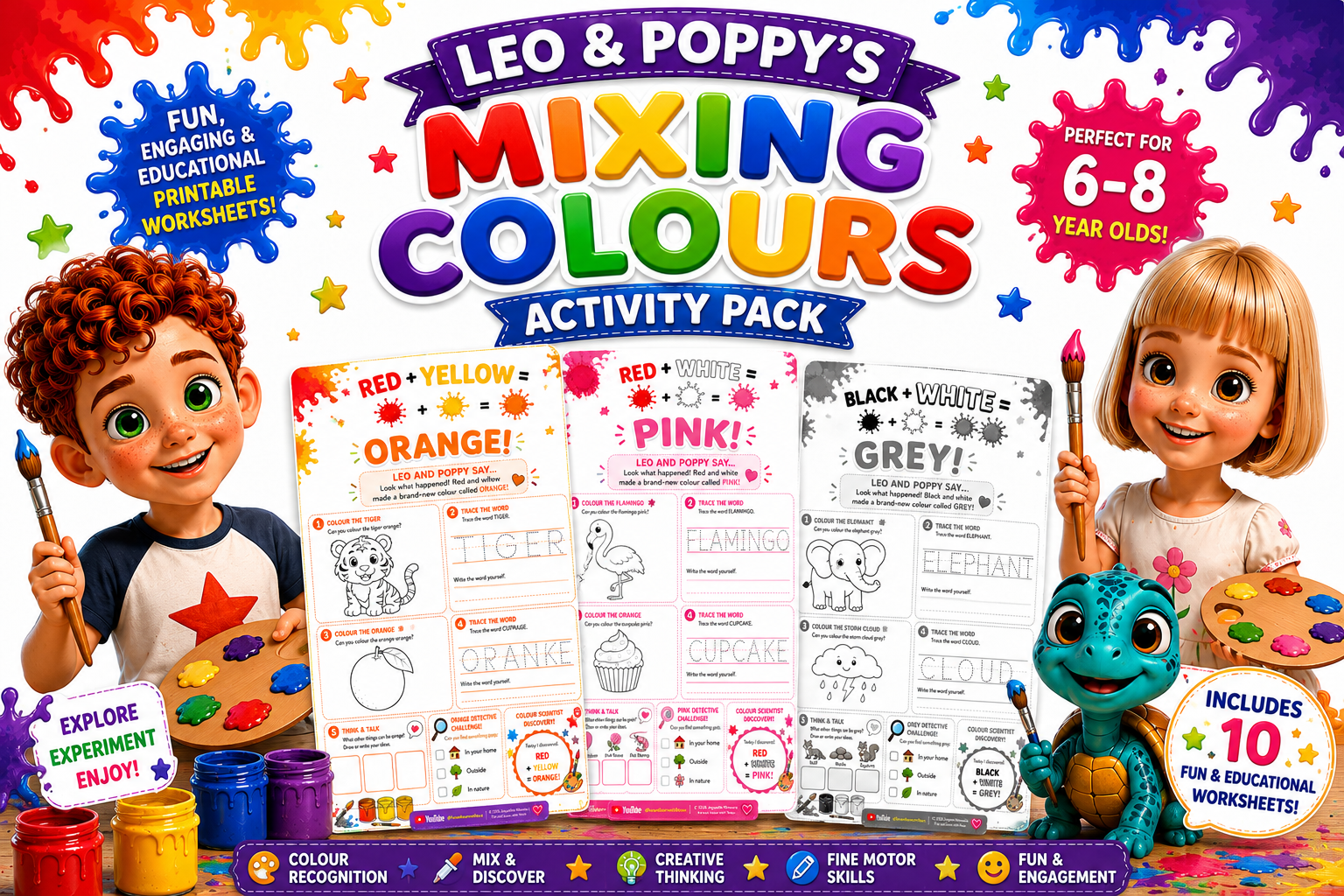 Mixing Colours with Leo and Poppy printable activity pack with genuine colour mixing worksheet previews
