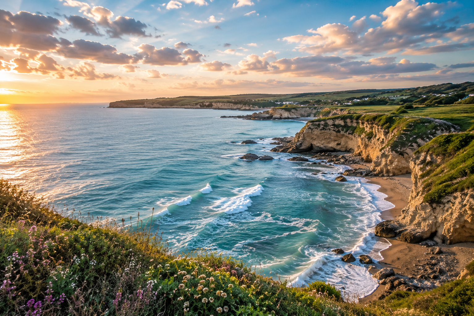 A beautiful coastline with turquoise water, rugged cliffs and wildflowers in golden evening light