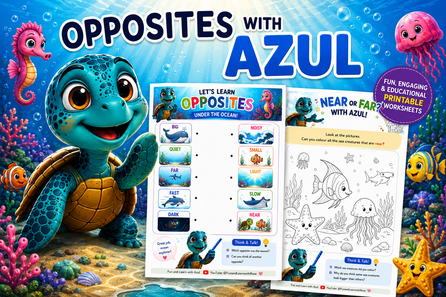 Opposites with Azul the Ocean Explorer printable activity pack with genuine ocean-themed worksheet previews