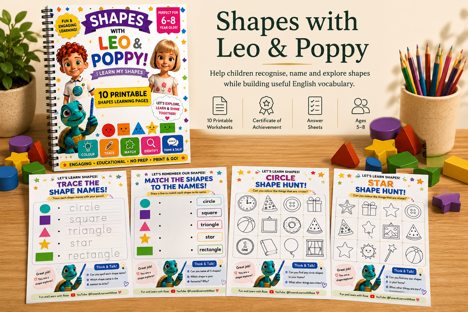 Shapes with Leo and Poppy printable pack with four genuine worksheet previews