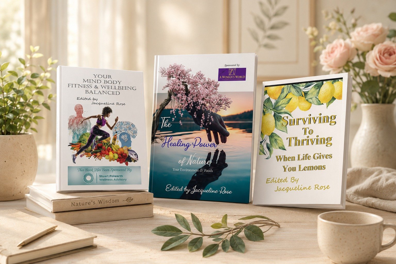 Three collaborative books edited by Jacqueline Rose arranged elegantly on a light desk