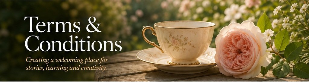 A vintage floral teacup and blush rose in a sunlit garden, with the title Terms and Conditions