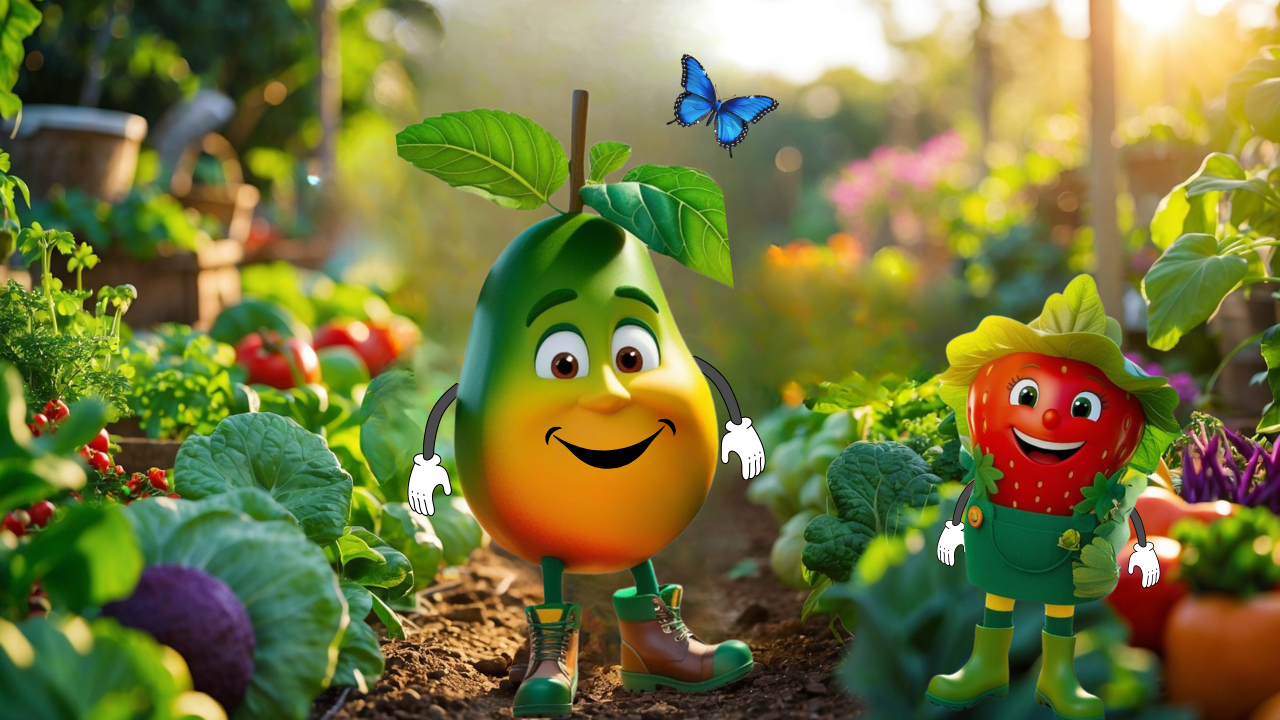 Mrs Strawberry and Mr Mango in their vegetable garden