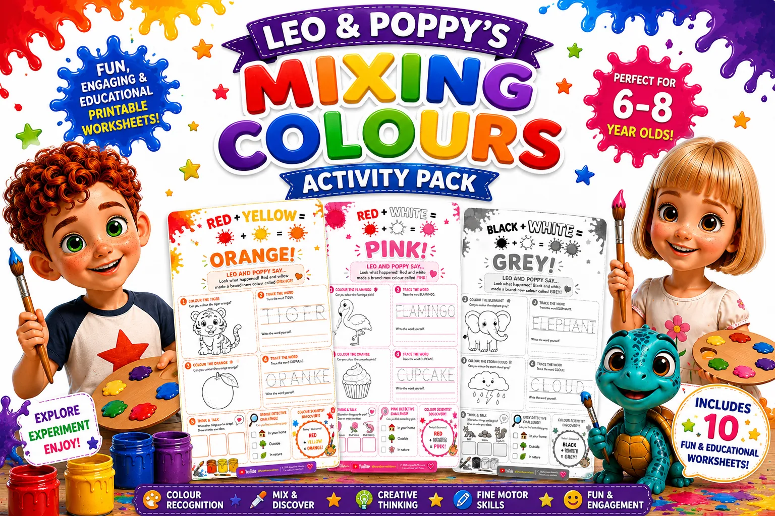 Mixing Colours with Leo and Poppy printable activity pack with genuine colour mixing worksheet previews
