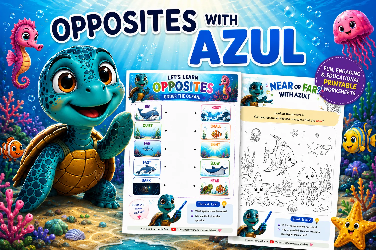 Opposites with Azul the Ocean Explorer printable activity pack with genuine ocean-themed worksheet previews