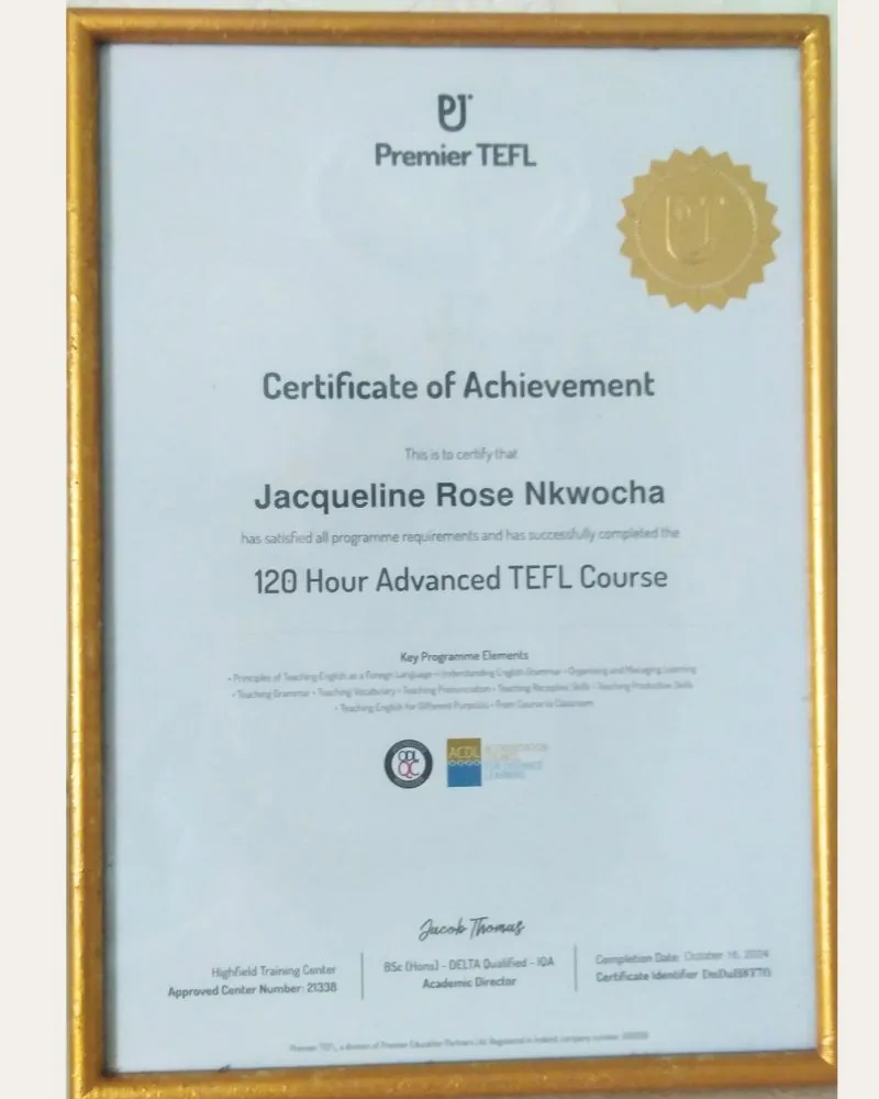 Jacqueline Nkwocha 120 Hour Advanced TEFL Course certificate from Premier TEFL